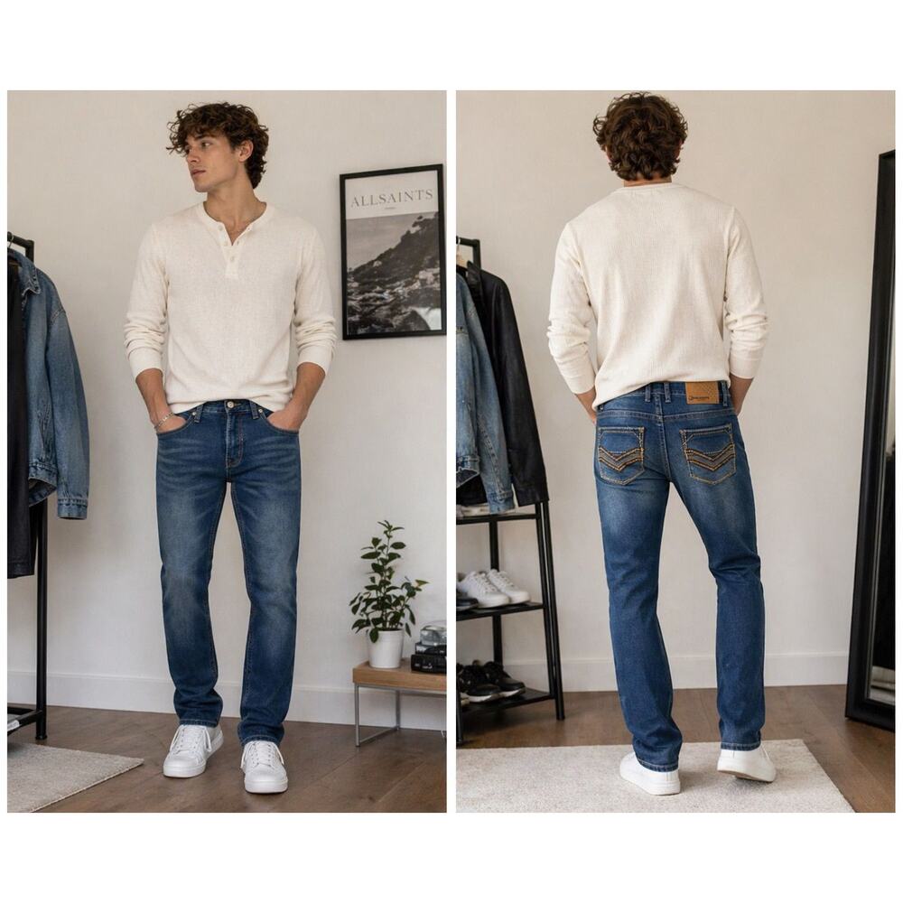 Rags & Rivets Jeans Men's Blue Denim Stretch Classic Straight Zip Fly - 28x30